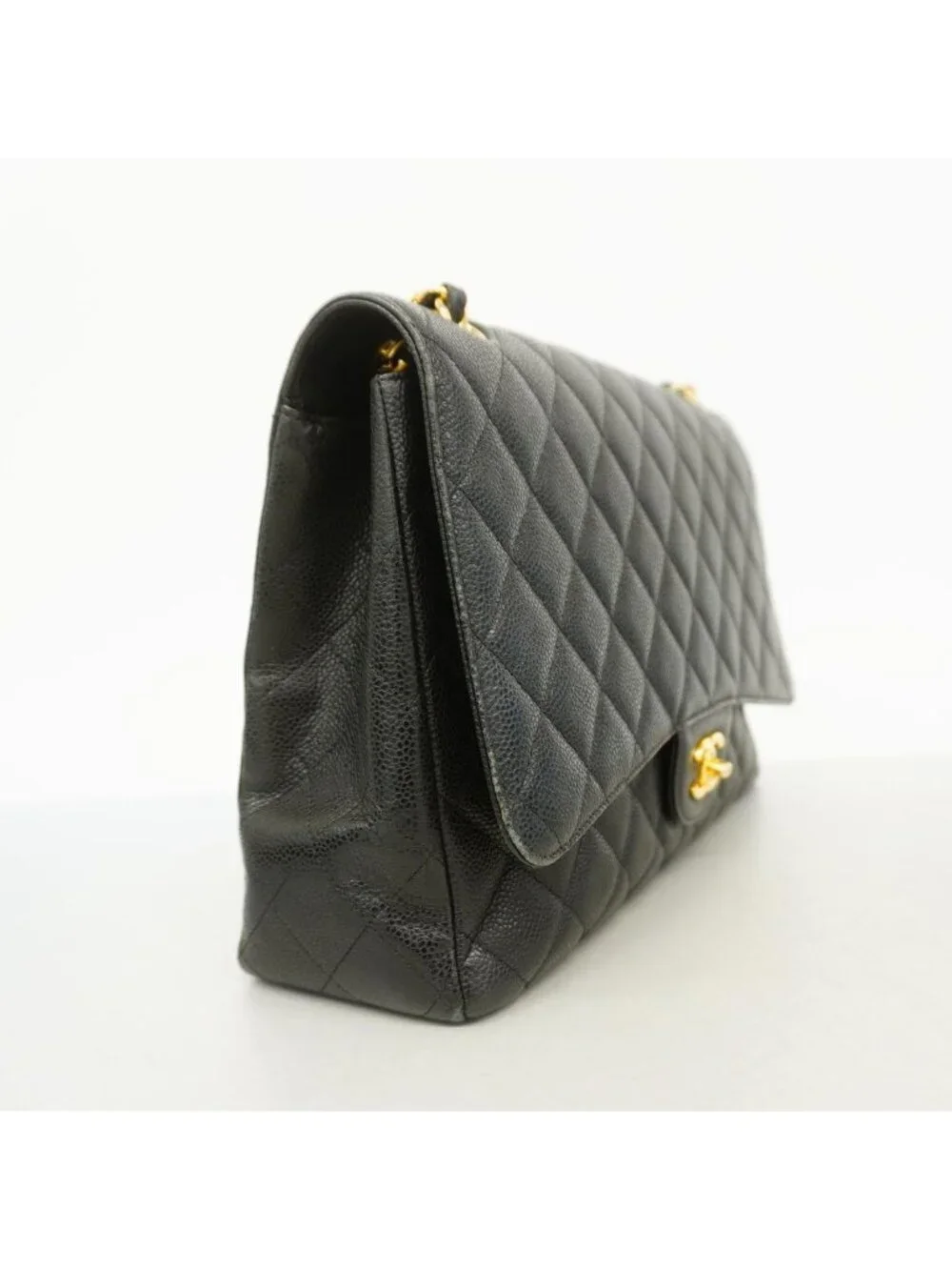 Chanel Shoulder Bag Maxi Quilted Caviar Leather Brown Gold